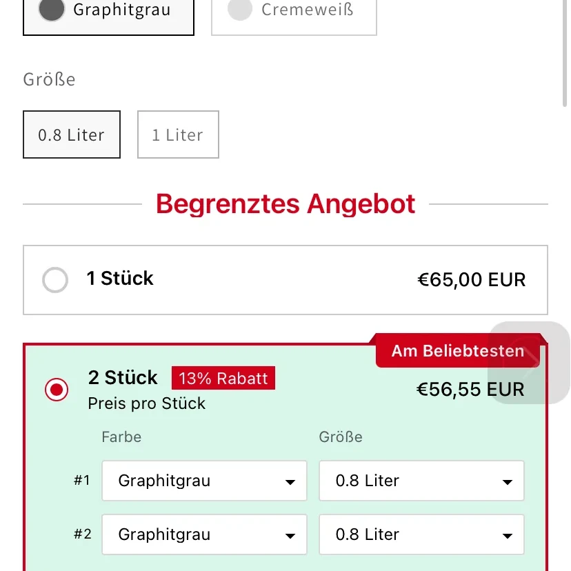 Produktseite mit Mengenrabatt und Variantenwahl