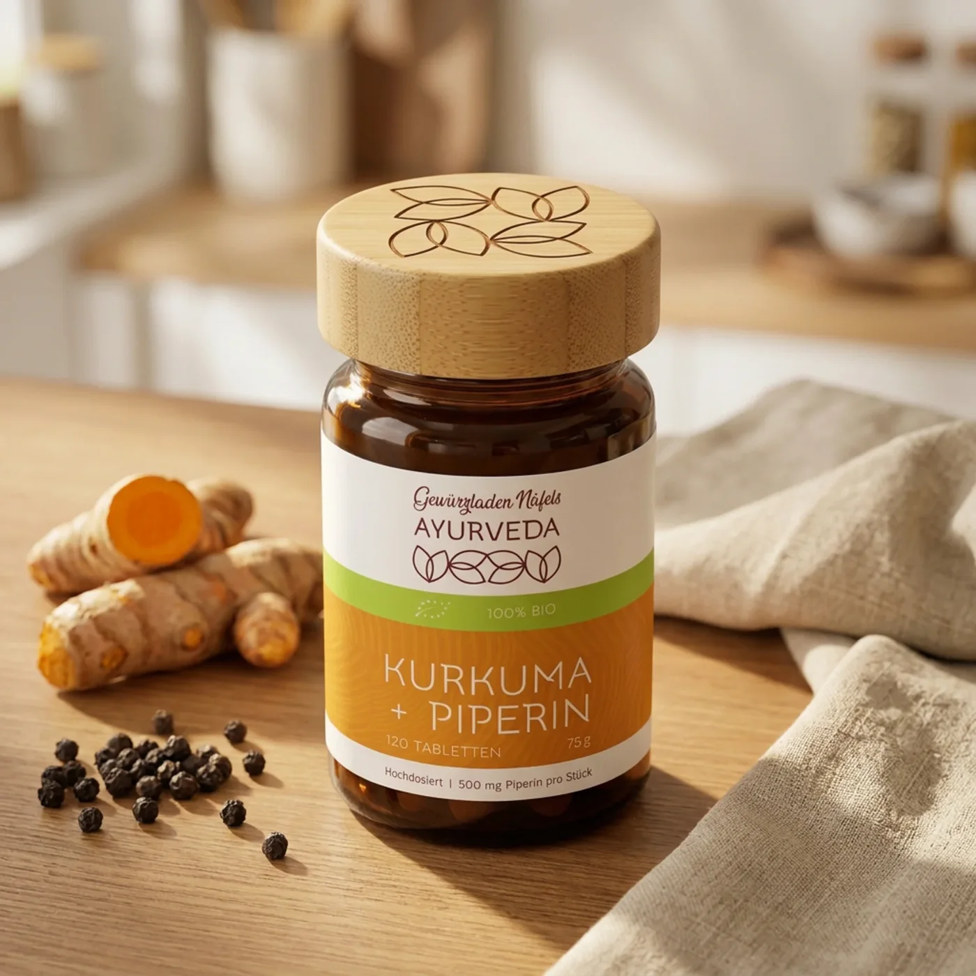 Verpackungsentwurf Kurkuma + Piperin, Gewürzladen Näfels Ayurveda