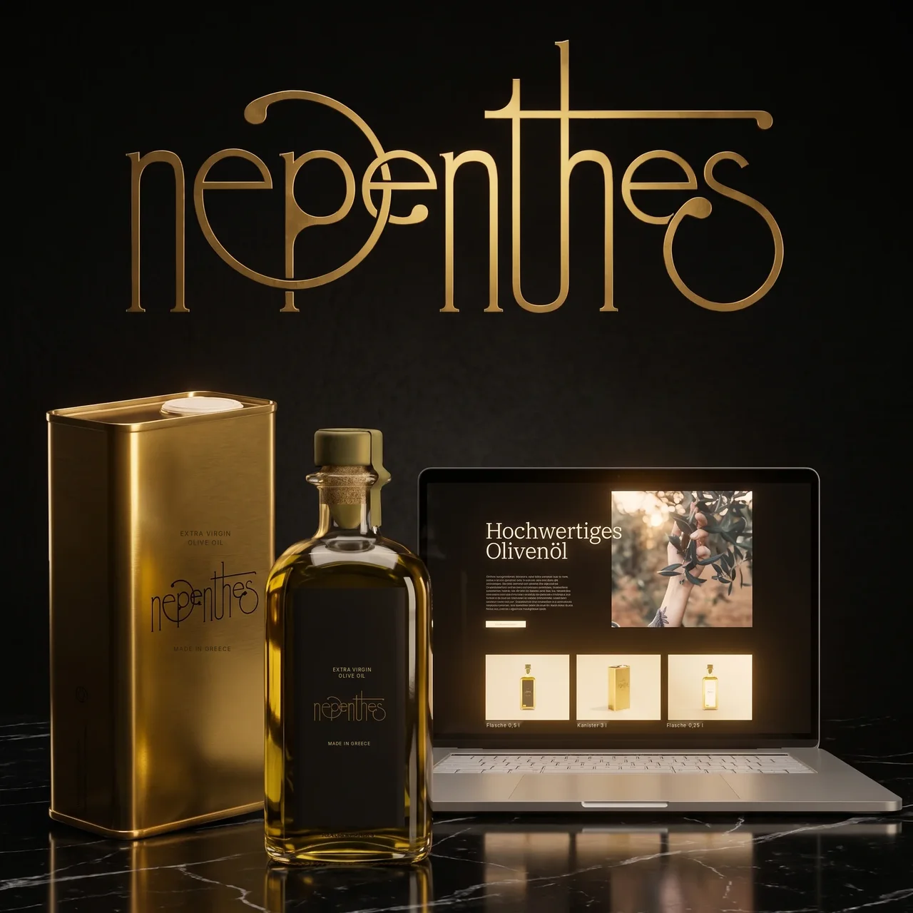 Nepenthes Logo, Kanister, Flasche und Shop-Entwurf