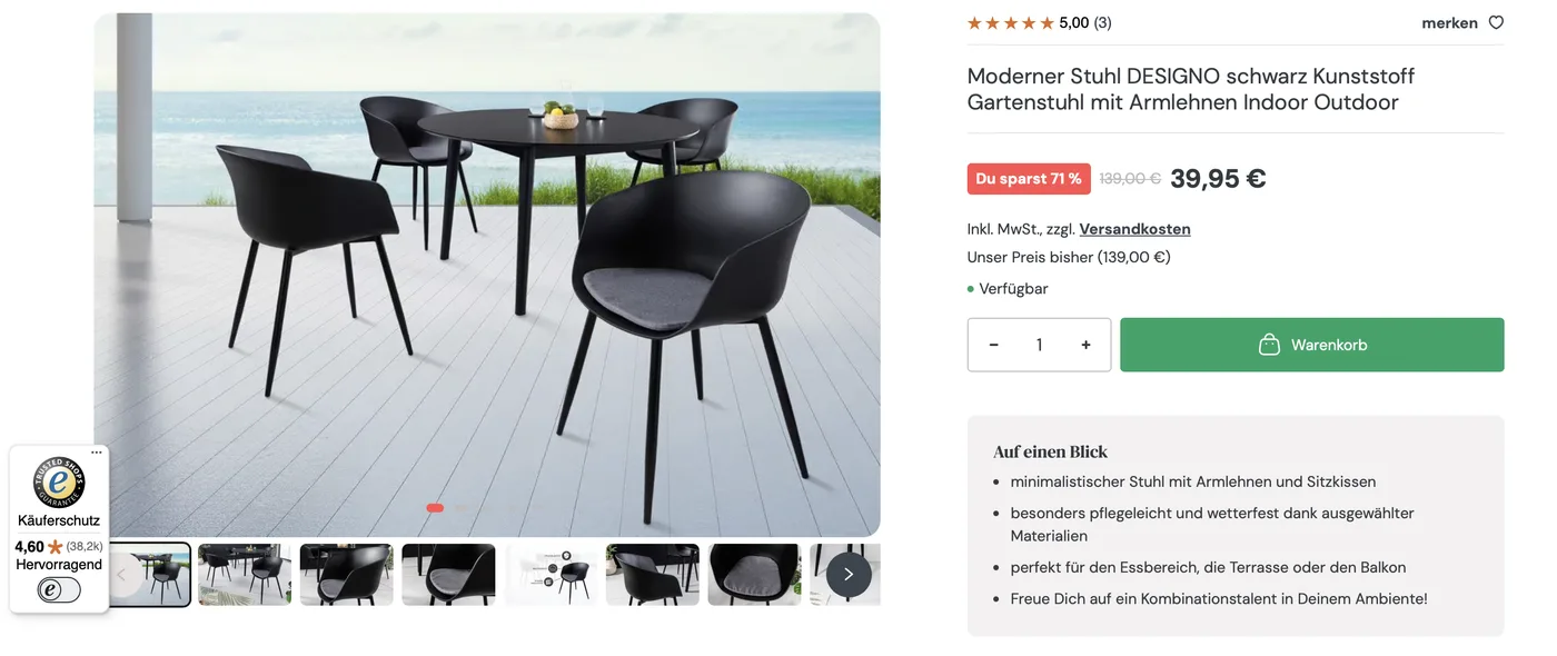 Beispiel einer Shopify-Produktseite mit Bewertung, Preis, Verfügbarkeit, Warenkorb-Button und Kurzbeschreibung