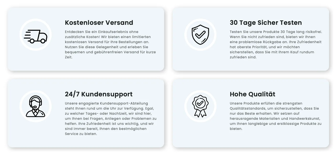 Vier Vertrauenskarten: Kostenloser Versand, 30 Tage sicher testen, 24/7 Kundensupport, hohe Qualität