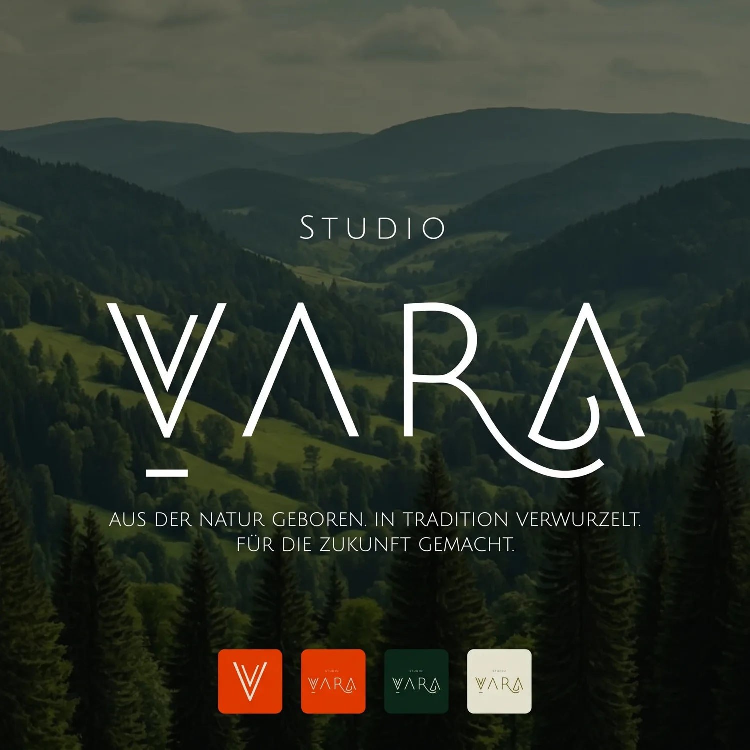 Studio Vara Logo auf Waldlandschaft mit Logo-Varianten